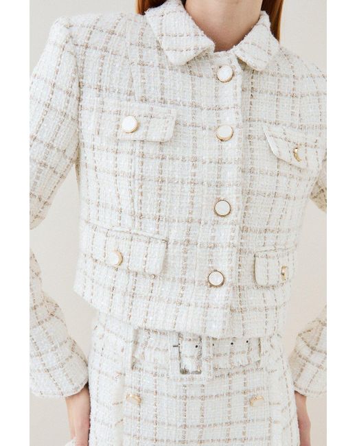 Karen Millen White Sparkle Tweed Pocket Trophy Jacket
