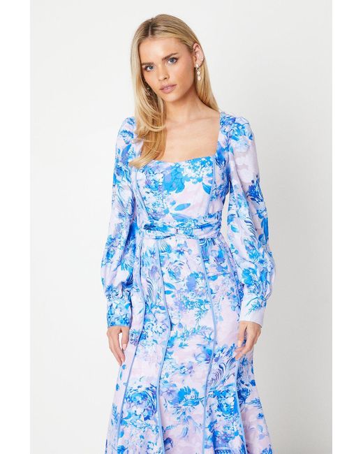 Coast Blue Petite Square Neck Georgette Midi Dress In Floral Print