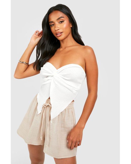 Boohoo White Petite Textured Twist Front Bandeau Top