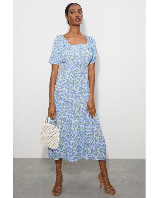 Dorothy Perkins Petite Blue Floral Frill Neck Midi Dress