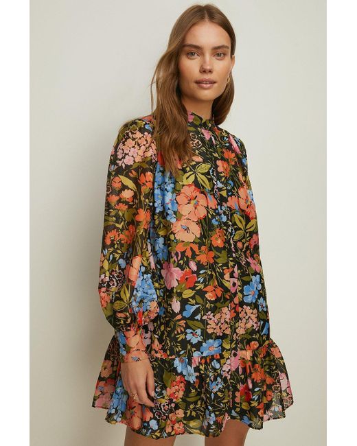 Oasis Brown Floral Organza Mini Shirt Dress