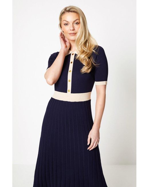 Wallis Blue Collar Detail Short Sleeve Pleated Knitted Dress