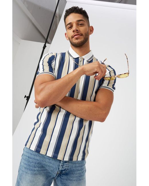 Burton Blue Ecru Varied Vertical Striped Polo for men