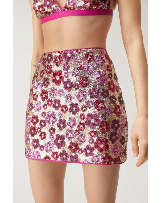 Nasty Gal Red Floral Sequin Mini Skirt