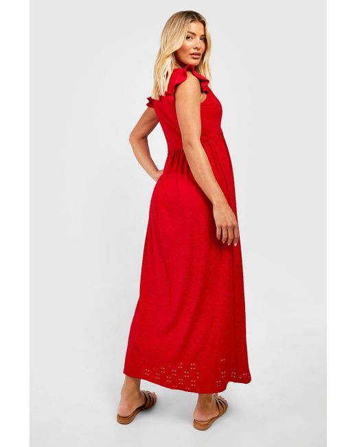 Boohoo Red Jersey Knit Eyelet Plunge Ruffle Hem Midi Dress