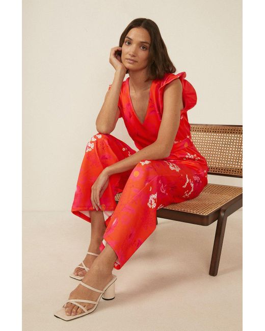 Oasis Red Orange Floral Print Tie Waist Scuba Jumpsuit