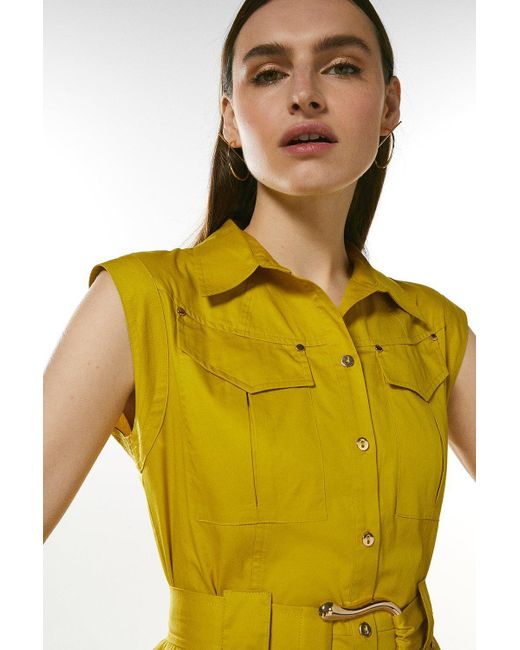 Karen Millen Yellow Cotton Utility Woven Short Dress