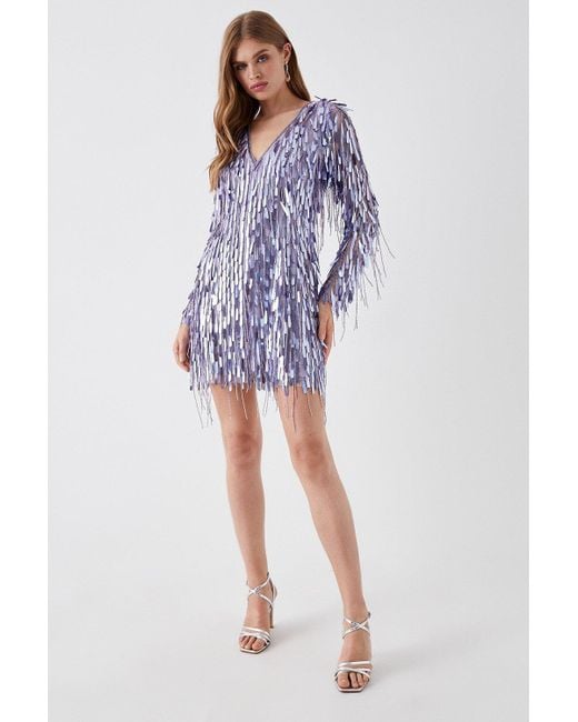 Coast Purple V Neck Fringe Sequin Mini Dress