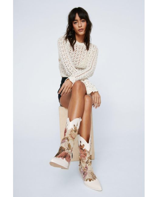 Nasty Gal White Faux Leather Floral Embriodered Wetsern Boot
