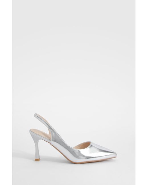 Boohoo White Metallic Asymmetric Slingback Court Heels