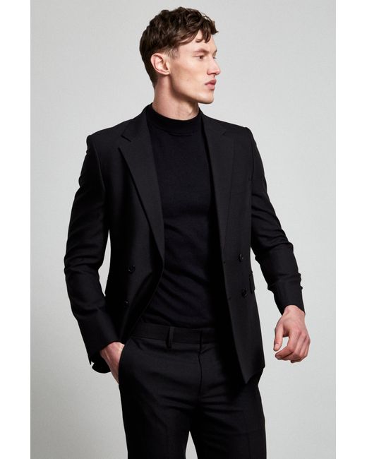 Burton Blue Black Super Skinny Bi-stretch Double Breasted Suit Jacket for men