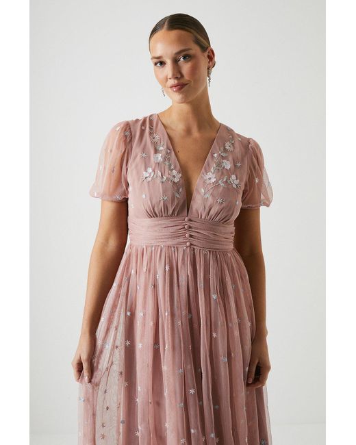 Coast Pink Embroidered Wildflower Mesh Bridesmaids Midi Dress