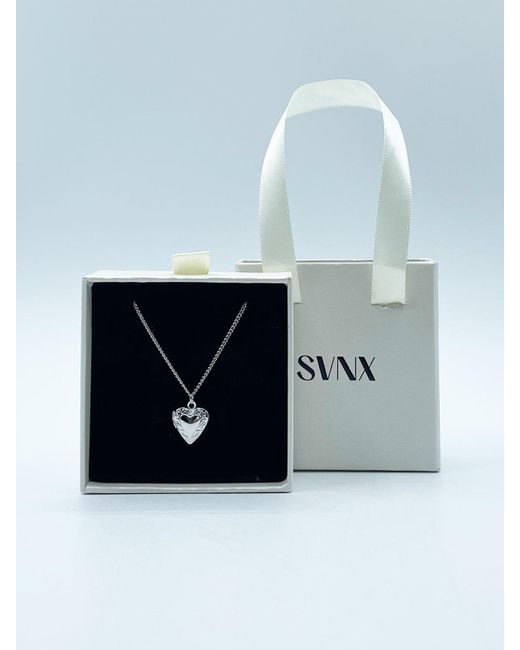 SVNX Blue Small Heart Locket Necklace In Silver
