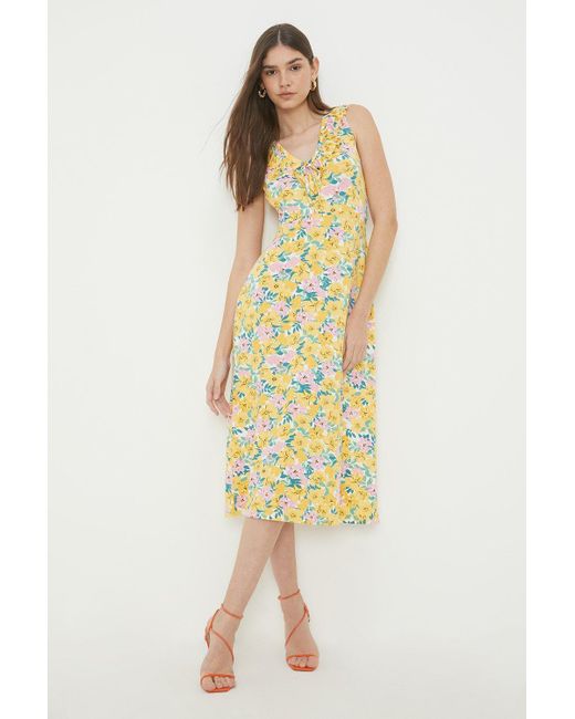 Dorothy Perkins Yellow Floral Ruffle V Neck Midi Dress