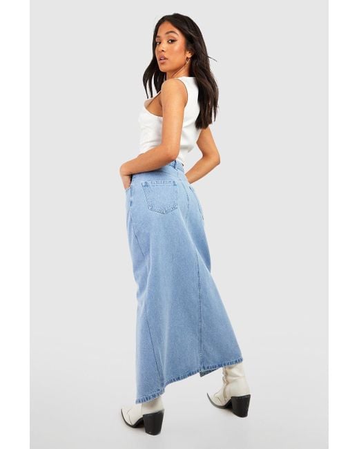 Boohoo Blue Petite Split Front Denim Maxi Skirt