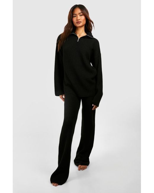 Boohoo Black Tall Knitted Zip Funnel Neck Wide Leg Lounge Set