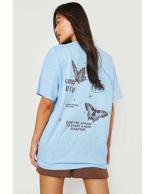 Boohoo Blue Butterfly Back Print Oversized T-shirt