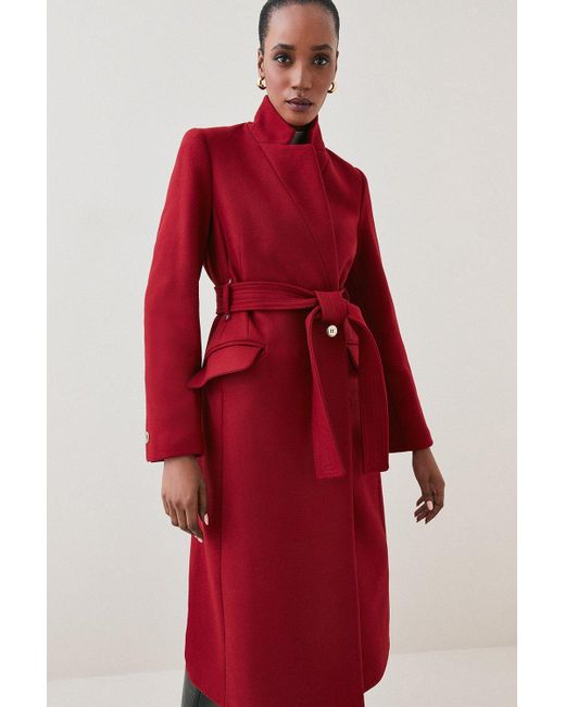 Karen Millen Red Italian Virgin Wool Blend Investment Notch Neck Coat