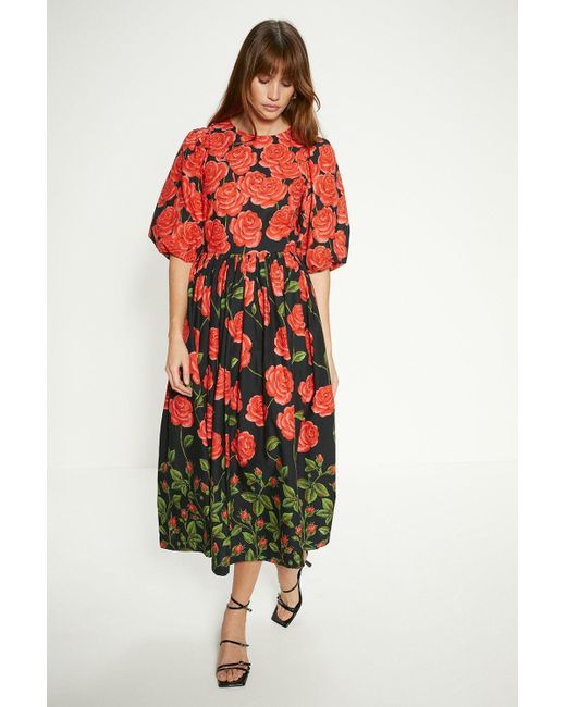 Oasis Red Petite Rose Placement Puff Sleeve Midi Dress