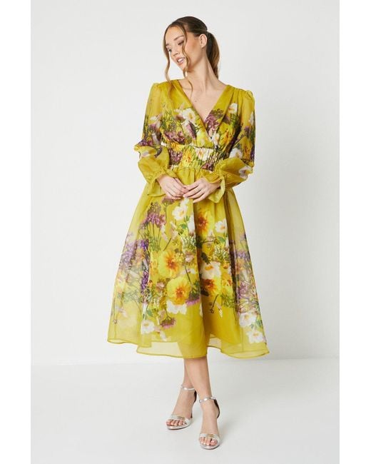 Coast Yellow Printed Blouson Sleeve Organza Midi Dress