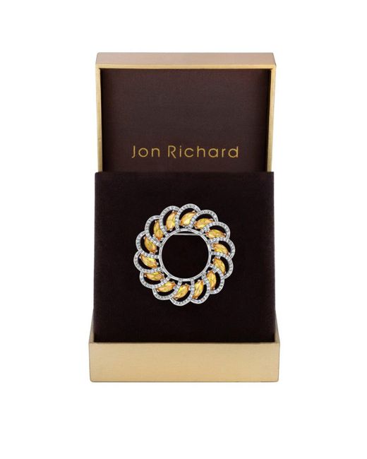 Jon Richard Black Silver Plated Yellow Crystal Cubic Zirconia Open Flower Brooch - Gift Boxed