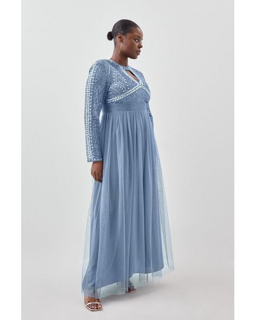 Karen Millen Blue Plus Size Embellished Woven Maxi Dress With Tulle Skirt