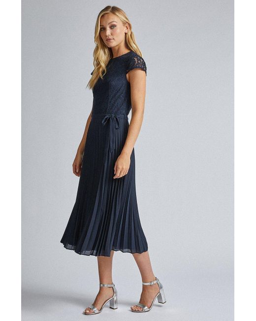 Dorothy Perkins Tall Navy Blue Lace Pleated Dress