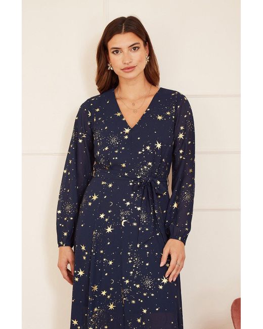 Mela Blue Navy Foil Star Print Long Sleeve Midi Dress