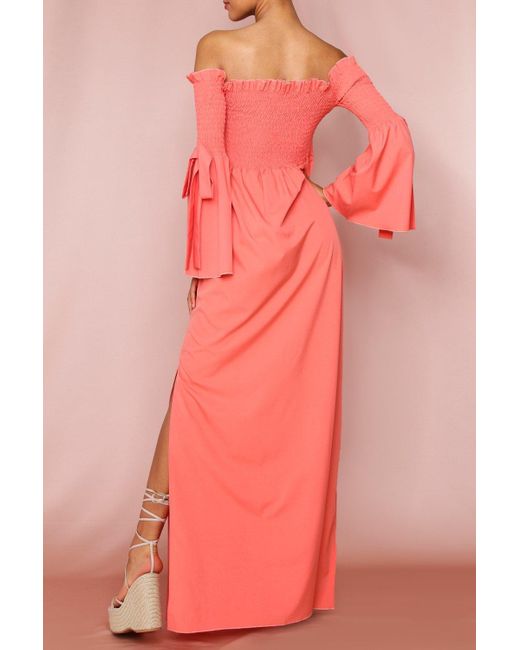MissPap Pink Shirred Flute Sleeve Bardot Maxi Dress