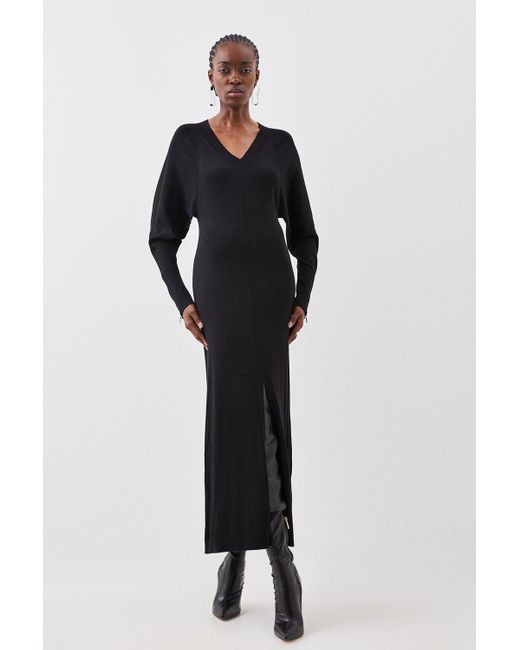 Karen Millen Black Petite Viscose Blend Batwing Knitted Column Maxi Dress