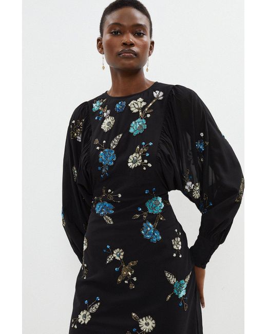Coast Black Mid Dress With Blouson Sleeve & Embellishment