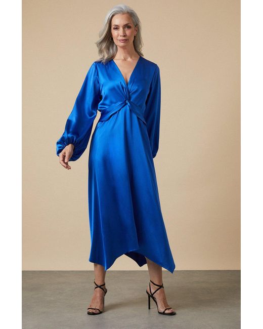 Wallis Blue Cobalt Satin Twist Front Hanky Hem Midi Dress