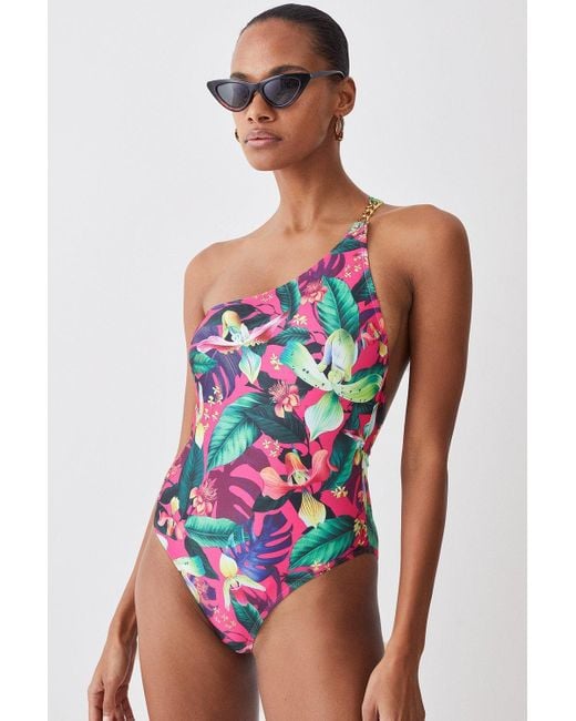 Karen Millen Red Tropical Print One Shoulder Chain Strap Cut Out Swimsuit