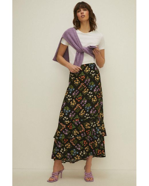 Oasis Natural Tiered Hem Bouquet Floral Midi Skirt