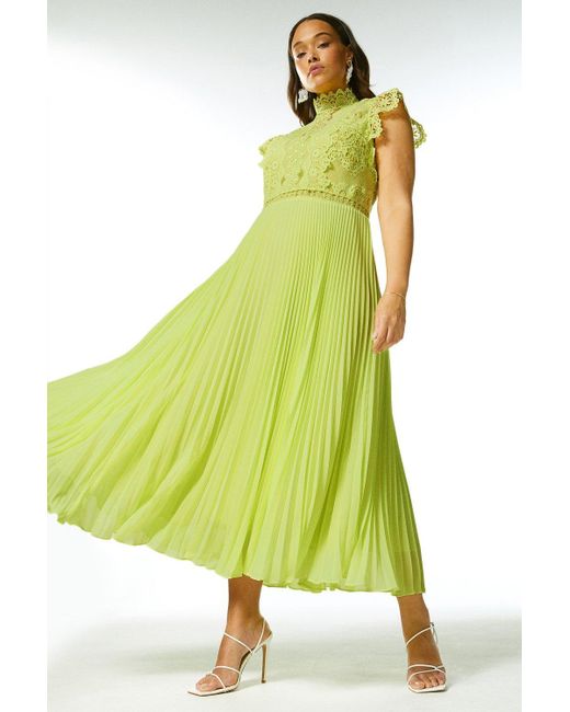 Karen Millen Yellow Plus Size Lace Applique Pleat Woven Midi Dress