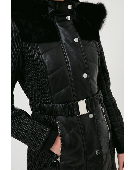 Karen Millen Black Leather Padded Fur Trim Parker Coat