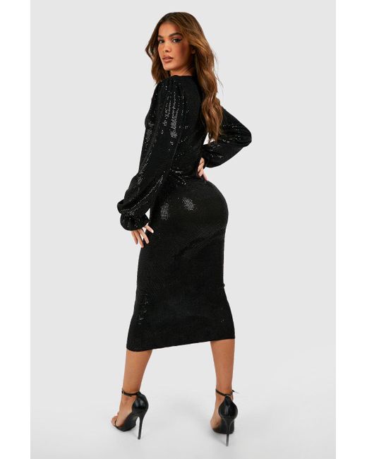 Boohoo Black Sequin Long Sleeve Wrap Detail Midi Dress