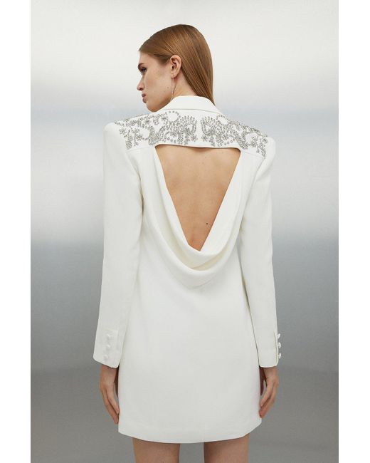 Karen Millen White Petite Embellished Open Back Cady Mini Blazer Dress