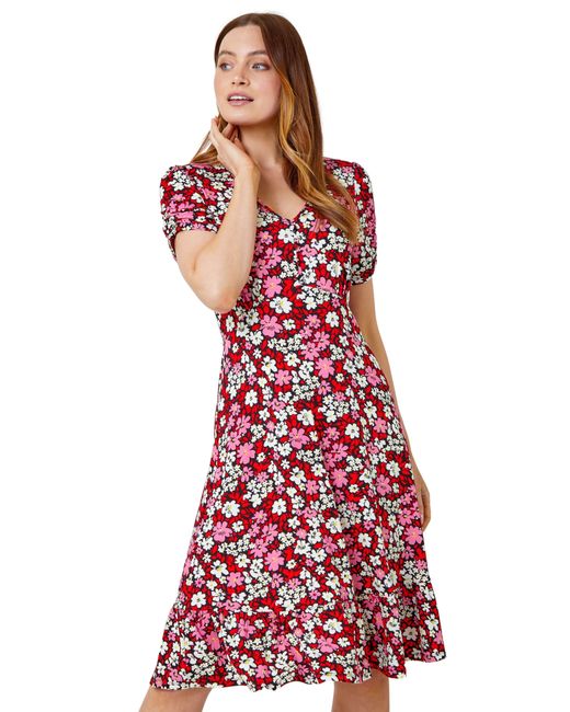 Roman Red Floral Print Stretch Jersey Tea Dress