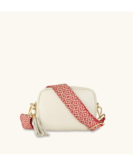 Apatchy London Pink Stone Leather Crossbody Bag With Red Cross-stitch Strap
