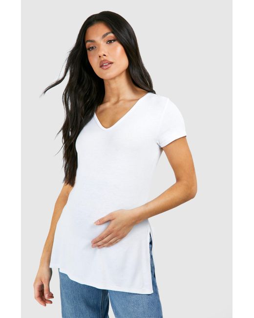 Boohoo White Maternity Longline Split Hem T-shirt