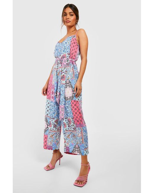 Boohoo Red Mixed Print Strappy Culotte Jumpsuit