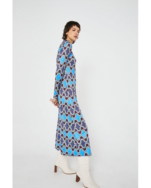 Warehouse Blue Printed Soft Jersey Roll Neck Dress