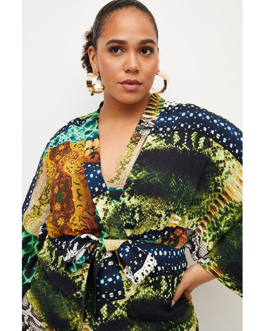 Karen Millen Green Plus Size Viscose Crepe Snake Kimono Maxi Dress