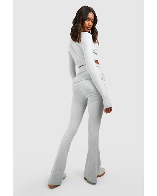Boohoo White Brushed Rib Long Sleeve Top And Fold Over Flared Trouser