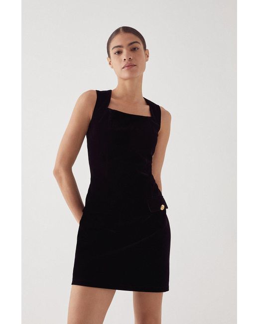 Warehouse Black Velvet Pocket Detail Sleeveless Shift Dress