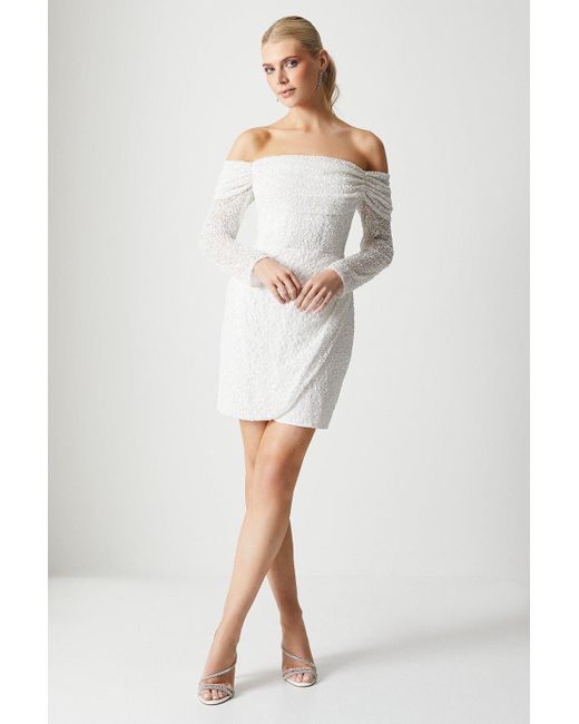 Coast White Bardot Long Sleeve Wrap Skirt Mini Dress