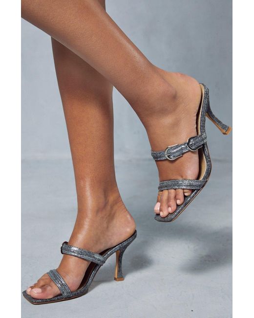 MissPap Gray Denim Buckle Metallic Foil Heels