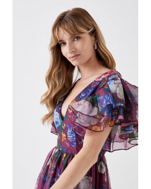 Coast Purple Ruffle Sleeve Placement Print Full Skirt Midi Dress