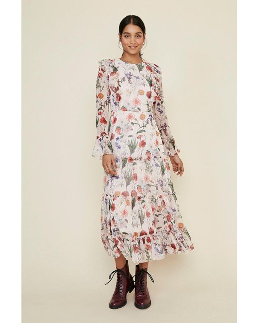 Oasis Natural Floral Print Ruffle Midi Dress